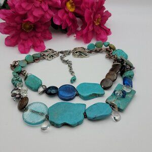 Chico's Brutalist Turquoise Necklace Chunky Slab Multi Charm Silver Tone 22" Adj